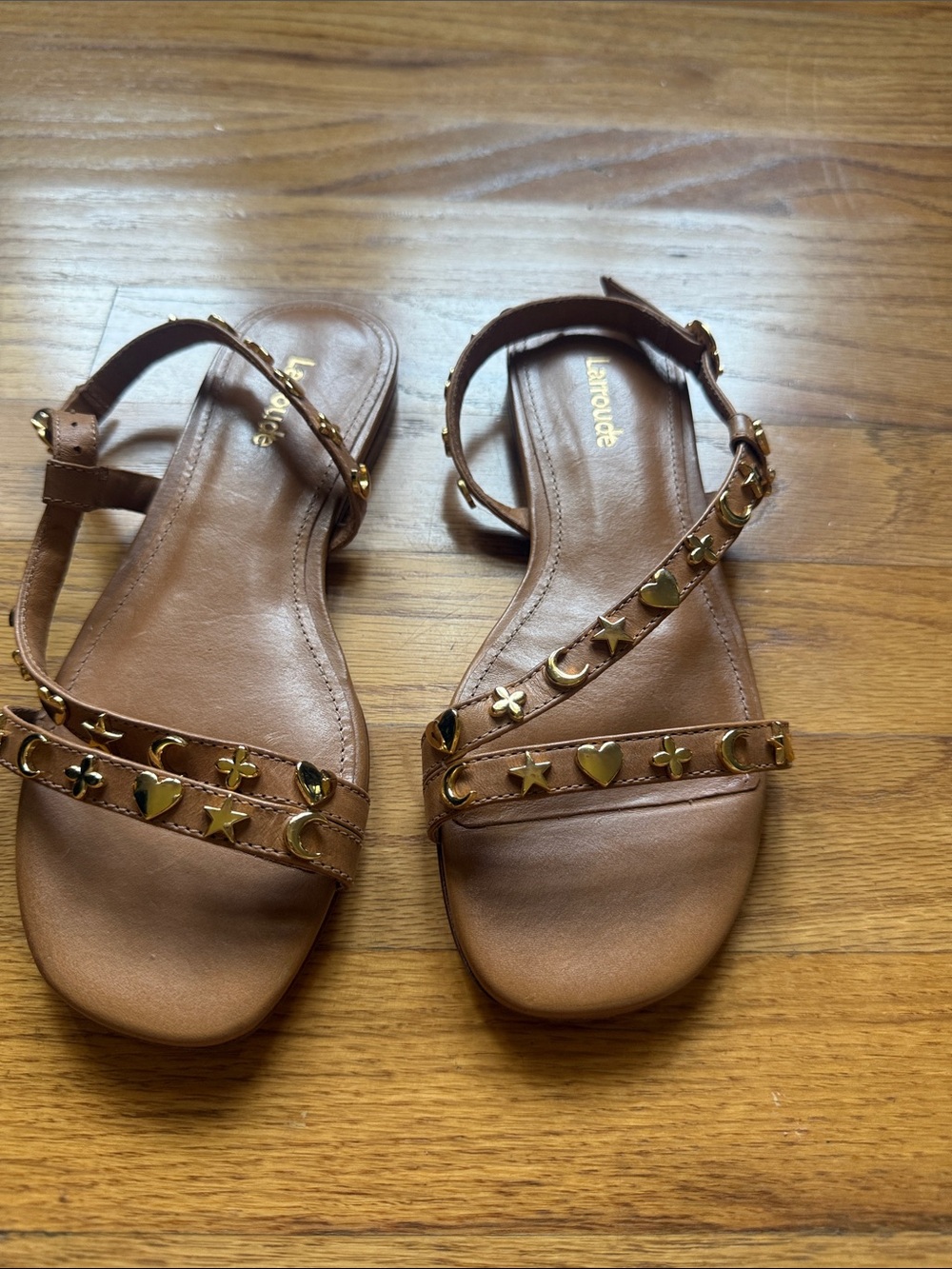 Larroude Brown Leather Flat Sandals with Gold-tone Star & Heart Studs